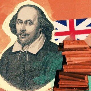 Grafik mit Porträt von William Shakespeare Büchern und dem Union Jack. Werke des Schriftstellers und Dichters wie "Romeo und Julia" sind heute weltberühmt.
