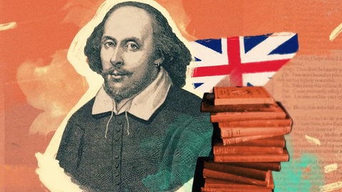 Grafik mit Porträt von William Shakespeare Büchern und dem Union Jack. Werke des Schriftstellers und Dichters wie 