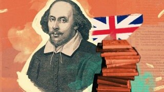 Grafik mit Porträt von William Shakespeare Büchern und dem Union Jack. Werke des Schriftstellers und Dichters wie "Romeo und Julia" sind heute weltberühmt.