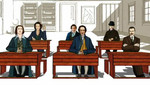 Sechs Schriftsteller sitzen in einem Klassenzimmer. Rechte: WDR/Heidi Kull