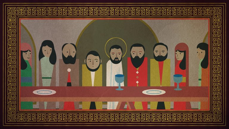 Zeichnung von Jesus und mehreren Personen an einem Tisch. (Foto: NDR)