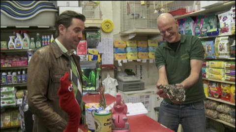 Ein Mann und eine rote Strumpfhandpuppe sind in einem Tiergeschäft. Der Verkäufer zeigt ihnen eine Schlange. (Foto: WDR - Screenshot aus der Sendung)