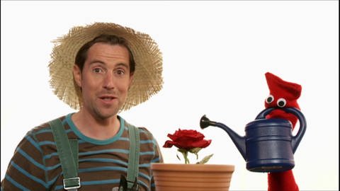 Ein Mann und eine rote Strumpfhandpuppe gießen eine Blume. (Foto: WDR - Screenshot aus der Sendung)