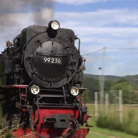 Eine schwarz-rote Dampflok fährt an Wäldern und Feldern vorbei. (Foto: SWR / BR / WDR - Screenshot aus der Sendung)