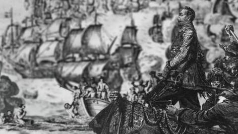 Eine schwarz-weiße Zeichnung: Ein Mann steht auf einem Boot, hinter ihm viele weitere Schiffe. (Foto: WDR - Screenshot aus der Sendung)
