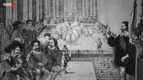 Schwarz-weiß Zeichnung: viele Männer in historischer Kleidung stehen in einer großen Halle und unterhalten sich. (Foto: WDR - Screenshot aus der Sendung)