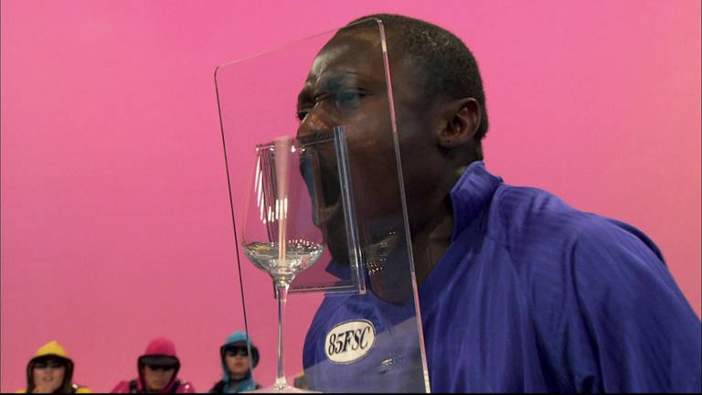 Ein Mann steht vor einer Glasscheib und singt, hinter der Scheibe steht ein Weinglas. (Foto: SWR - Screenshot aus der Sendung)