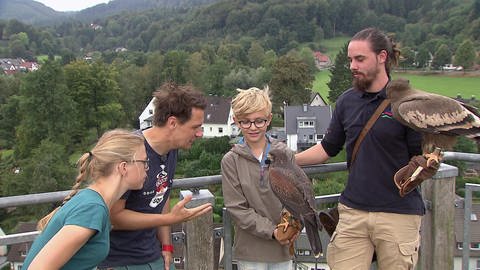 Vier Personen stehen auf einer Terasse. Ein Junge und ein Mann tragen Greifvögel auf ihren Armen. (Foto: WDR - Screenshot aus der Sendung)