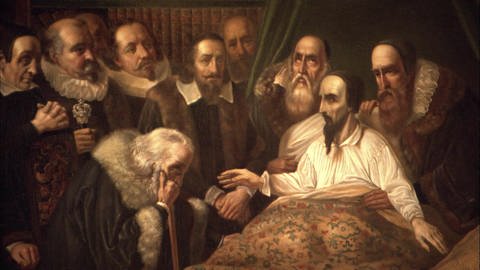 Gemälde: Calvin auf dem Sterbebett, zahlreiche Menschen um ihn herum (Foto: WDR)