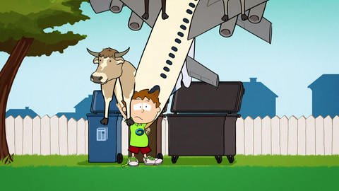 Der kleine Philosoph Knietzsche steht vor Mülltonnen und trägt eine Kuh und ein Flugzeug auf seinen Schultern. (Foto: vision X/WDR)