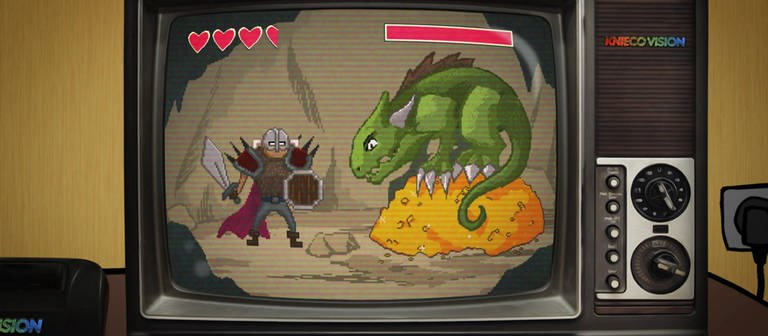 Eine Zeichnung von einem Videospiel: ein Ritter kämpft gegen einen Drachen auf einem Goldschatz. (Foto: vision X/WDR)