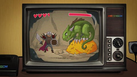 Eine Zeichnung von einem Videospiel: ein Ritter kämpft gegen einen Drachen auf einem Goldschatz. (Foto: vision X/WDR)
