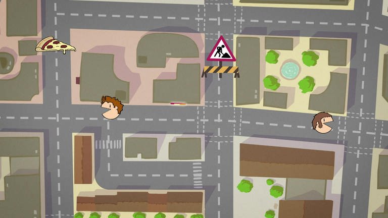 Der kleine Philosoph Knietzsche muss als Pac-Man Zeichnung seinen Weg durch ein Labyrinth von Straßen und Baustellen finden. (Foto: vision X/WDR)