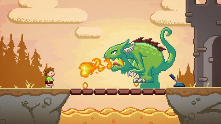 Ein Videospiel: der kleine Philosoph Knietzsche kämpft gegen einen feuerspuckenden Drachen. (Foto: vision X/WDR)
