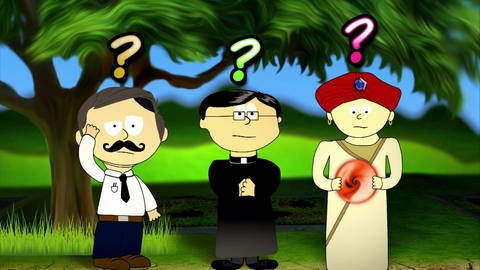 Eine Zeichnung von drei Männern, ein Professor, ein Pfarrer und ein Hellseher. Alle haben Fragezeichen über dem Kopf. (Foto: vision X/WDR)