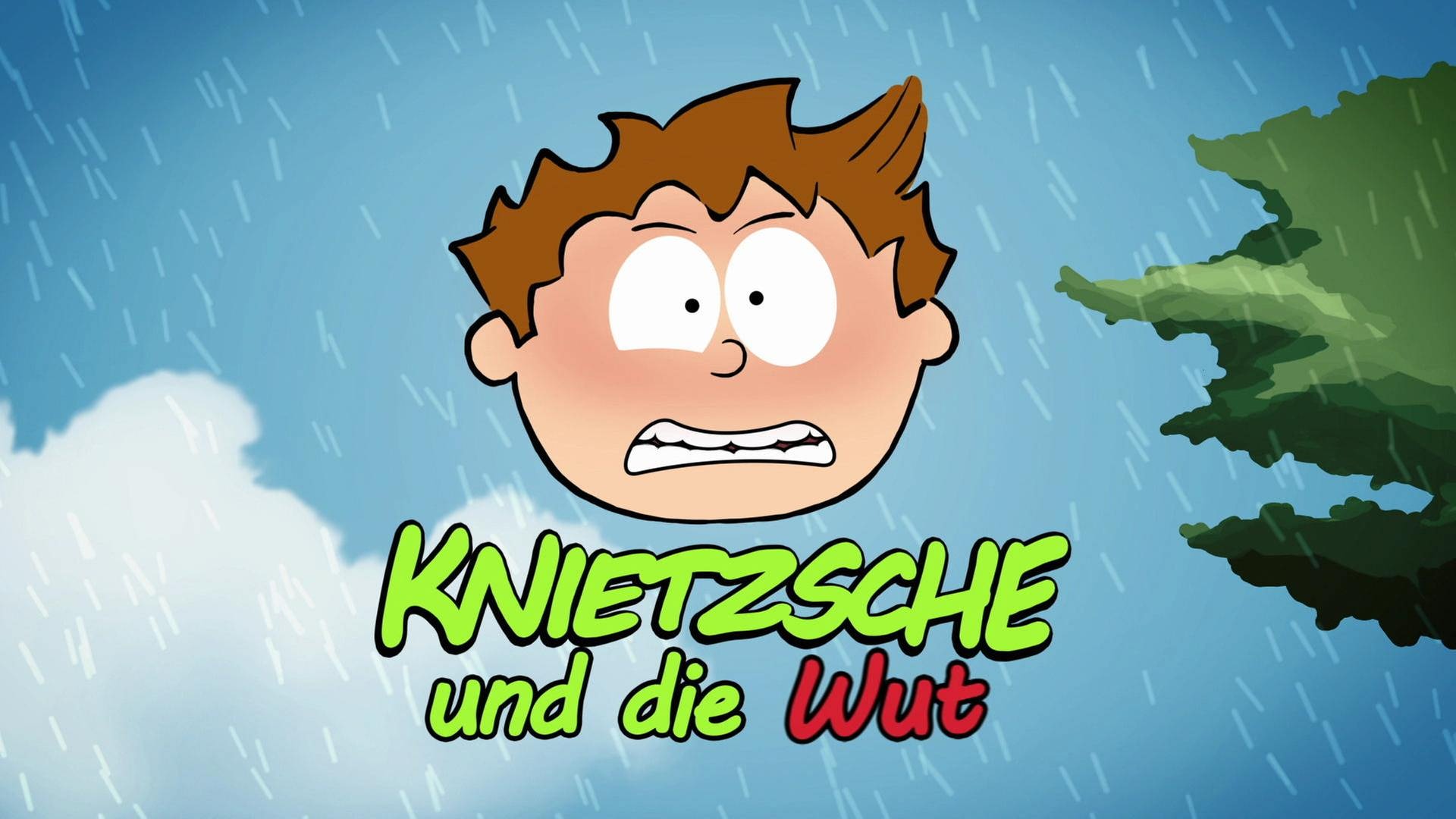 Das Gesicht von dem kleinen Philosoph Knietzsche trohnt wütend in der Luft, unter ihm der Schriftzug "Knietzsche und die Wut". (Foto: vision X/WDR)