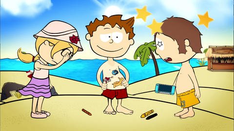 Der kleine Philosoph Knietzsche steht mit zwei Freunden am Strand. Er hat sich Tattoos auf den Bauch gemalt. (Foto: vision X/WDR)