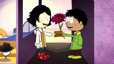 Eine Zeichnung von zwei Menschen, die sich je einen Geldbeutel und eine Blume geben. (Foto: WDR / RBB)