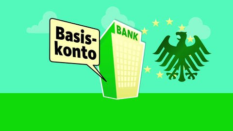 Illustration einer Bank mit Sprechblase „Basis-Konto“, daneben der Bundesadler und die Sterne der Europäischen Union.  (Foto: WDR)