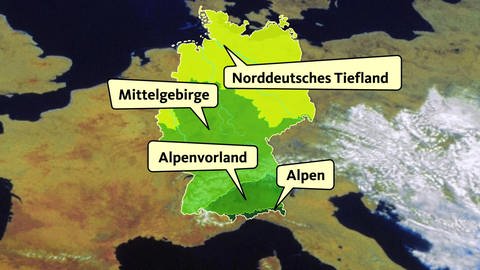 Eine Karte von Deutschland ist in vier Landschaften unterteilt: Norddeutsches Tiefland, Mittelgebirge, Alpenvorland und Alpen. (Foto: WDR)