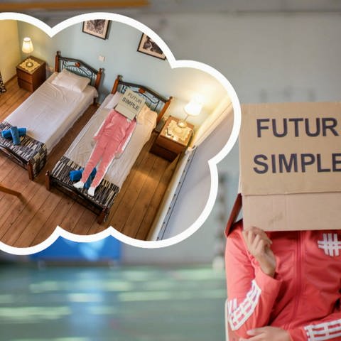 Eine Person hat einen Karton auf dem Kopf, auf dem Steht "Futur simple". Daneben eine Denkblase mit zwei Betten und einer schlafenden Person. (Foto: WDR)