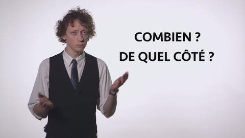 Ein junger Mann erklärt etwas, neben ihm der Schriftzug "Combien? De quel côte?". (Foto: WDR)