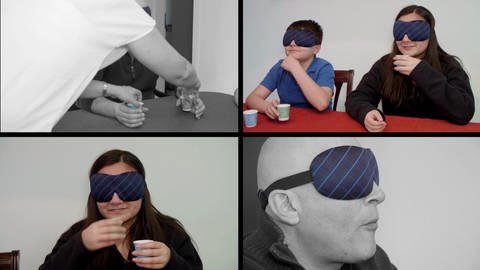 Eine Collage aus vier Bildern: Menschen machen mit verbundenen Augen einen Geschmackstest. (Foto: WDR)