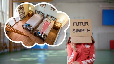 Eine Person hat einen Karton auf dem Kopf, auf dem steht "Futur simple". Daneben eine Denkblase mit zwei Betten und einer schlafenden Person. (Foto: WDR)