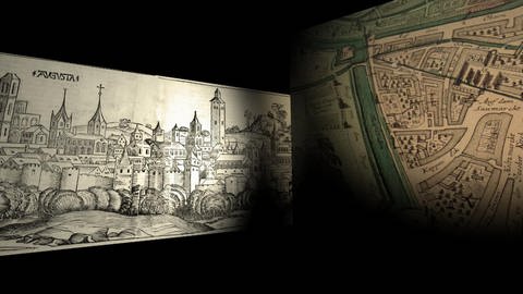 Die Zeichnung einer Stadt und ein alter Stadtplan (Foto: WDR)