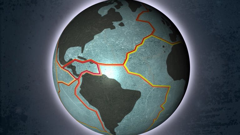 Eine Animation eines gräulichen Globus' zeigt die Grenzen der  tektonischen Platten. (Foto: SWR, SWR)