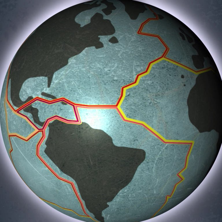 Eine Animation eines gräulichen Globus' zeigt die Grenzen der  tektonischen Platten. (Foto: SWR, SWR)