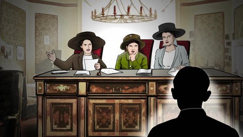 Zeichnung: drei Frauen mit großen Hüten sitzen an einem großen Tisch und schauen streng, vor ihnen erkennt man einen männlichen, schwarzen Schatten. (Foto: Heidi Kull/WDR)