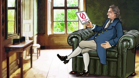 Zeichnung: Goethe sitzt auf einem grünen Ledersessel und begutachtet missmutig ein Verbotsschild mit der Unterschrift "Das Ziel existiert nicht!" (Foto: Heidi Kull/WDR)