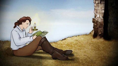 Zeichnung von Friedrich Schiller, wie er lesend auf strohbedecktem Boden sitzt.  (Foto: Heidi Kull/WDR)