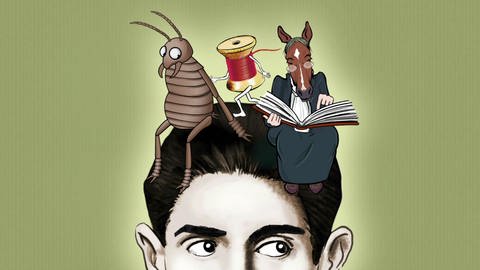 Zeichnung: die obere Hälfte von Franz Kafkas Kopf, darauf sitzen ein Käfer, ein lesendes Pferd in einem dunklen Kleid und rotes Garn mit Armen und Beinen. (Foto: Heidi Kull/WDR)