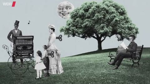 Zeichnung: rechts sitzt E.T.A. Hoffmann auf einer Parkbank, liest und beobachtet eine Frau und ihre zwei Kinder, die vor einem Mann mit einer Drehorgel stehen. (Foto: Maike Wolfertz/WDR)