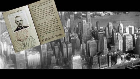 Schwarz Weiß Aufnahmen von Wolkenkratzern in den USA. In der oberen linken Ecke prangt der Ausweis von Thomas Mann. (Foto: WDR)