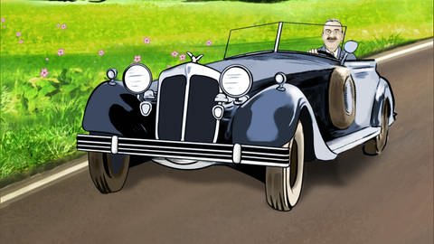 Zeichnung: Thomas Mann fährt mit einem schwarzen Rolls Royce durch grüne Wiesen. (Foto: Heidi Kull/WDR)