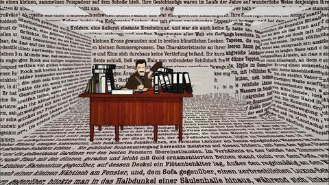 Zeichnung: Thomas Mann sitzt an einem Schreibtisch in einem Raum, dessen Wände voll von seinen Texten sind. (Foto: Heidi Kull/WDR)