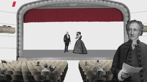 Zeichnung: Goethe steht vor einer Theaterbühne, auf der ein Schauspieler und eine Schauspielerin stehen. Vor ihnen ein paar Menschen im Publikum. (Foto: Maike Wolfertz/WDR)