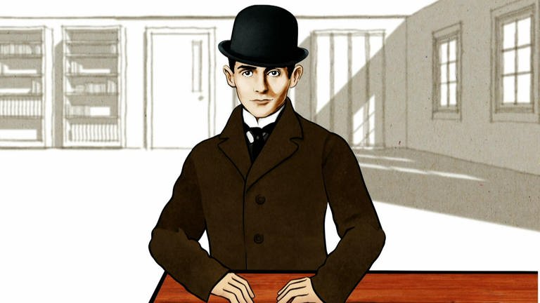 Zeichnung: Kafka steht in Wrack und mit Hut an einem Tisch, hinter ihm Bücherregale und ein Schrank. (Foto: Heidi Kull/WDR)