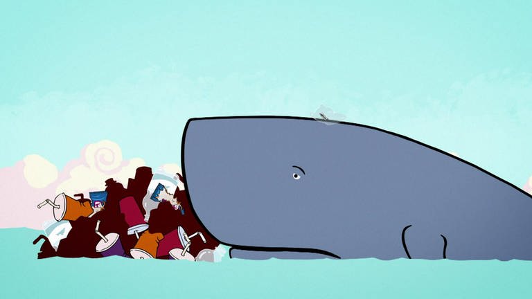 Die Zeichnung von einem Wal, der traurig durch ein Meer voll Müll treibt. (Foto: vision X/WDR)