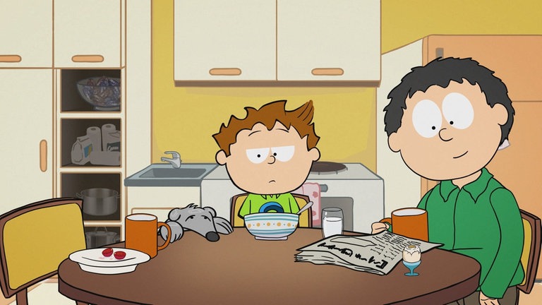 Der kleine Philosoph Knietzsche sitzt deprimiert mit seinem Vater am Frühstückstisch. (Foto: vision X/WDR)