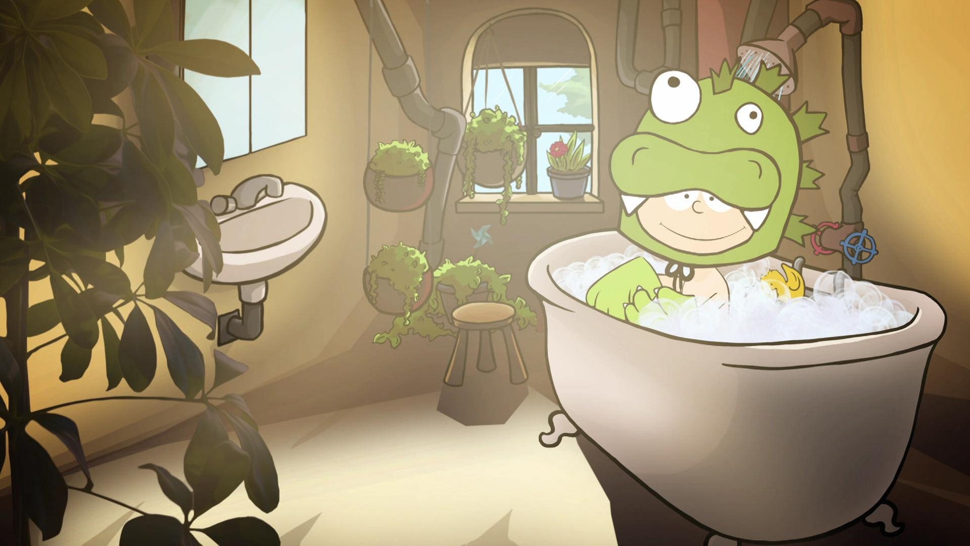 Der kleine Philosoph Knietzsche sitzt in einem grünen Monsterkostüm in einer vollen Badewanne.