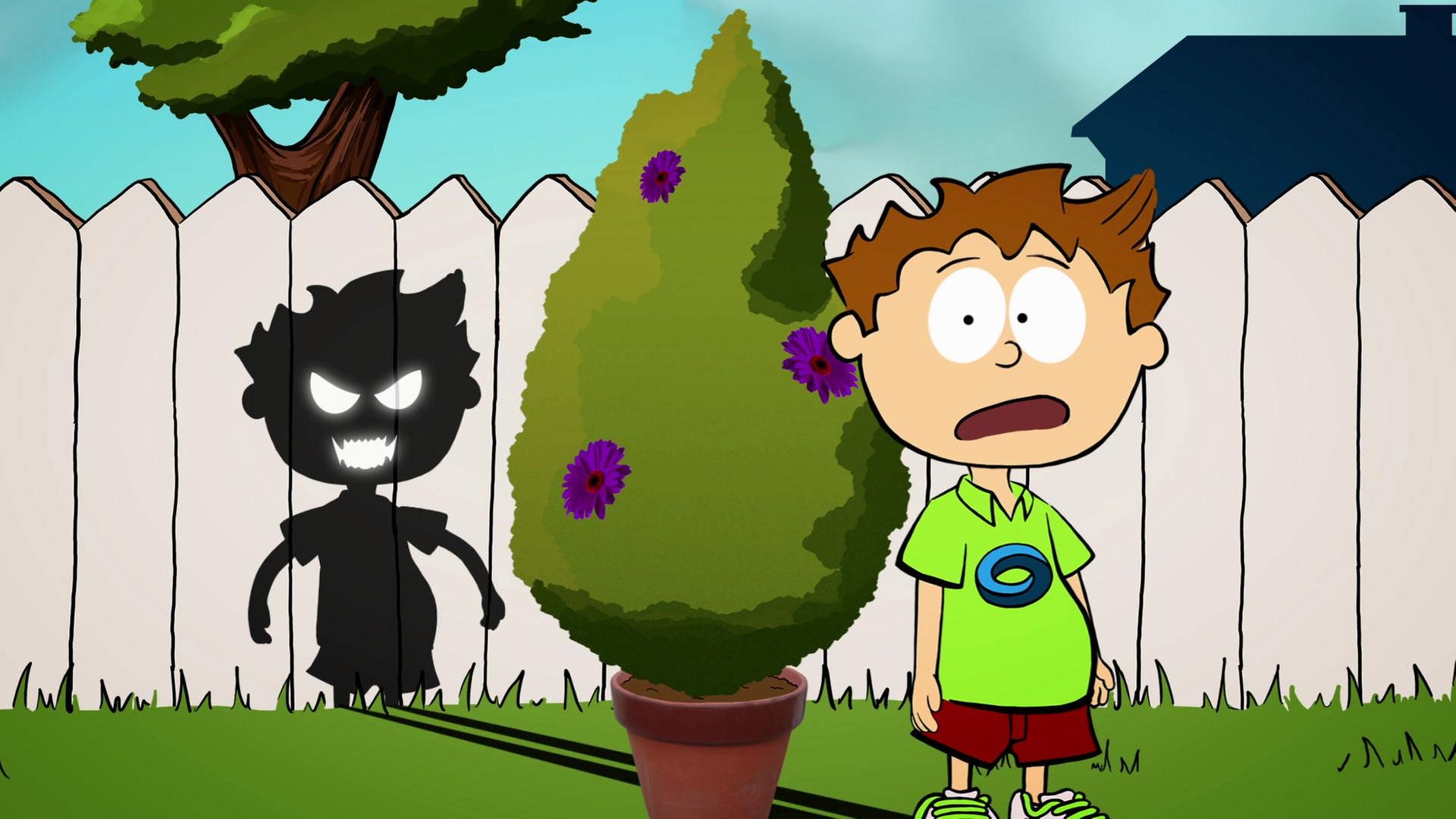 Der kleine Philosoph Knietzsche fürchtet sich von seinem grimmig schauenden Schatten, den er auf den Zaun wirft.