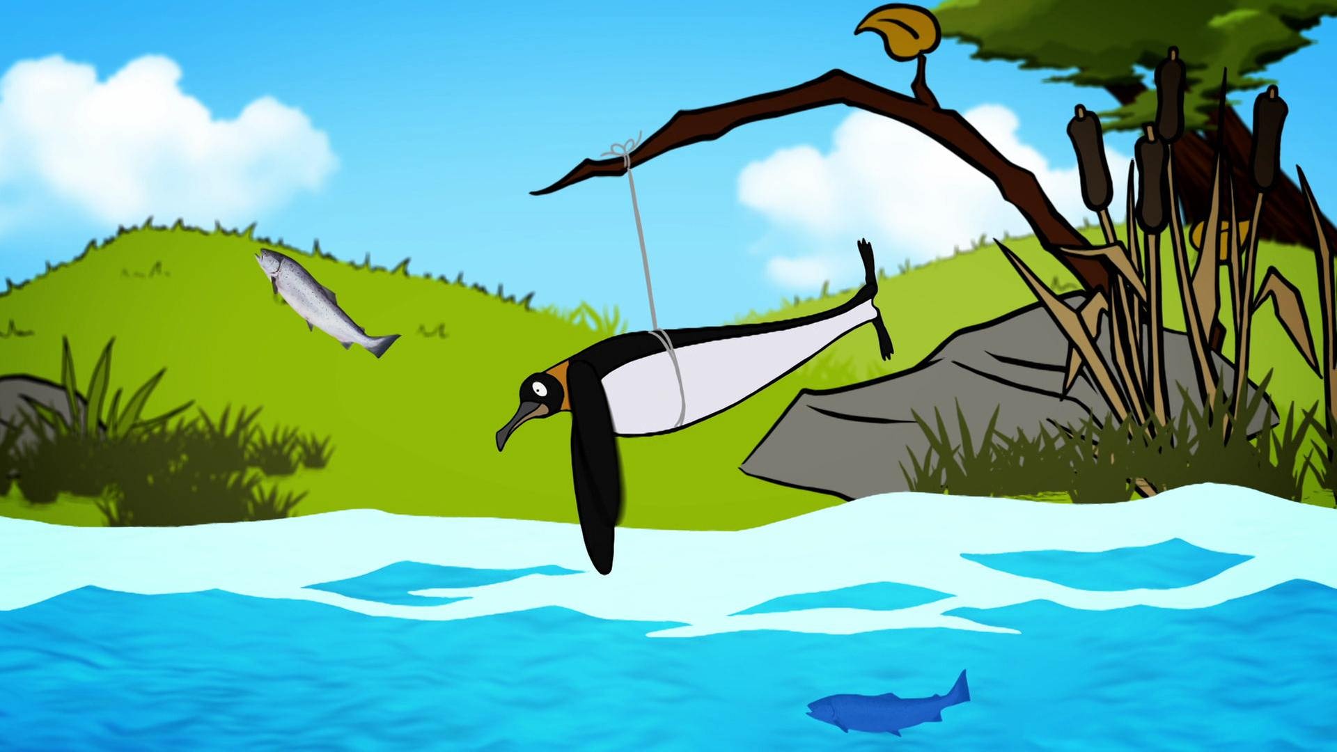Zeichnung eines Pinguins, der an einem Ast festgebunden ist und so fliegen kann.