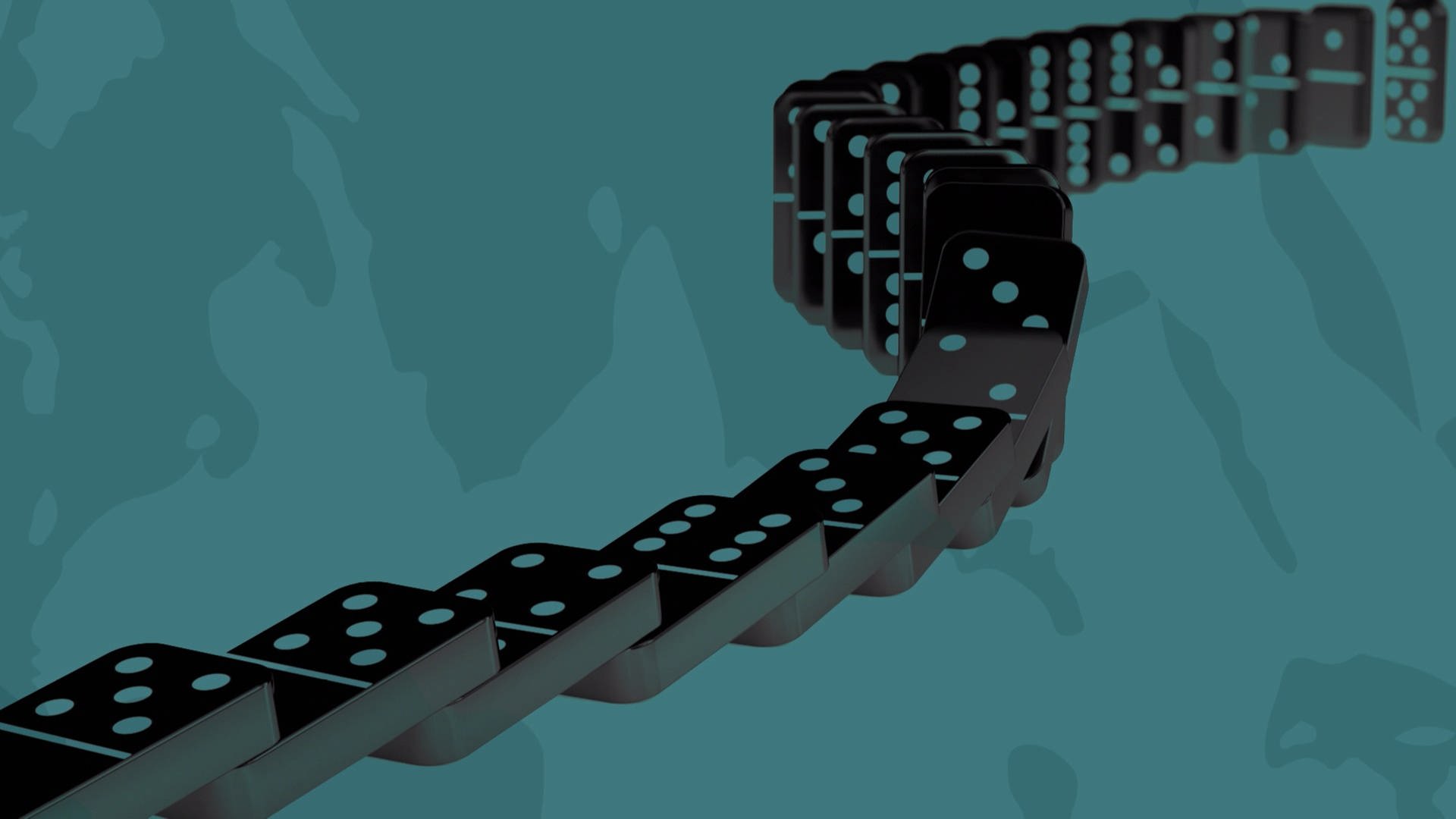 Eine Animation von umfallenden Dominosteinen vor einem türkisen Hintergrund.