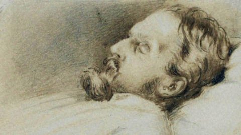 Eine Zeichnung des alten Heinrich Heine mit geschlossenen Augen auf seinem Sterbebett.