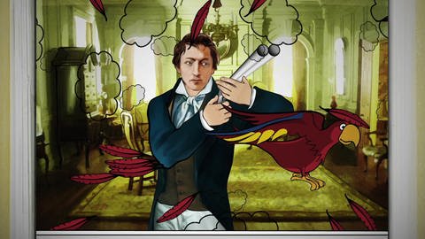 Zeichnung: Heinrich Heine steht mit Flinte in einem grünen Wohnzimmer, um ihn herum treiben Wolken und rote Federn, ein Papagei fliegt davon.