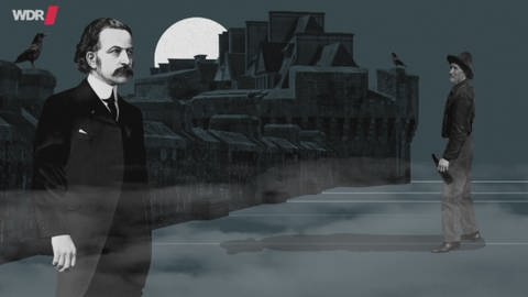 Zeichnung: Es ist Nacht, Theodor Fontane steht vor dunklen Häusern, im Hintergrund steht der Vollmond am Himmel und ein Mann mit Bierflasche läuft umher. Auf den Dächern sitzen Raben.